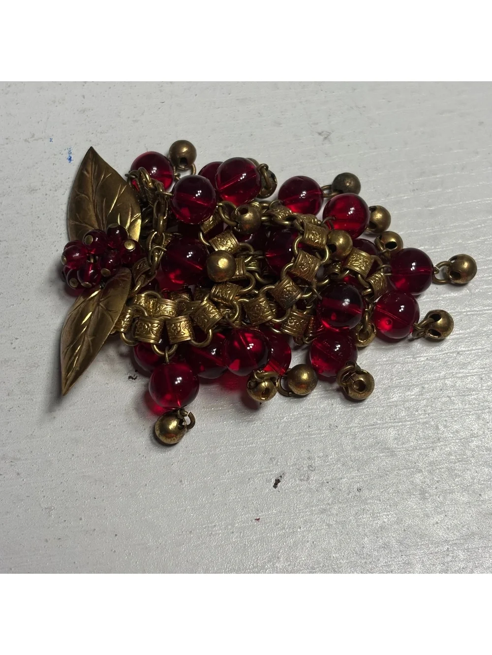 Early Verified Miriam Haskell Red Glass & Brass Bead Large Brooch